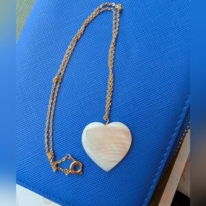 Vintage Mother Of Pearl Heart Pendant With Gold Tone Chain Necklace